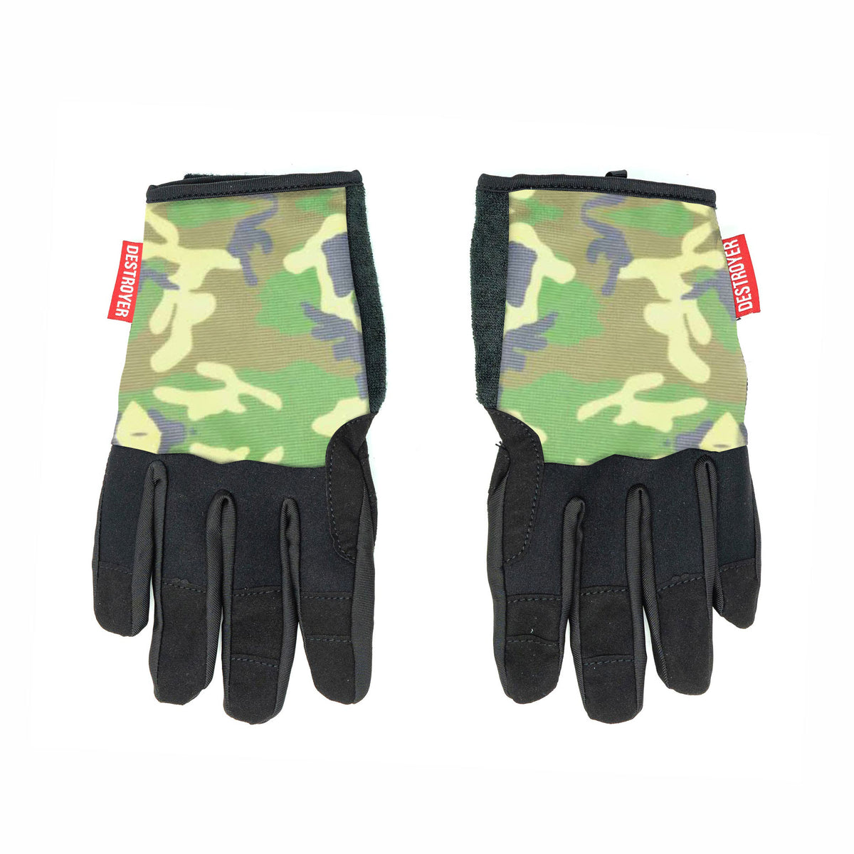Pair of camouflage bike gloves with black accents on a white background
