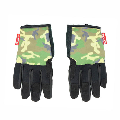 Pair of camouflage bike gloves with black accents on a white background